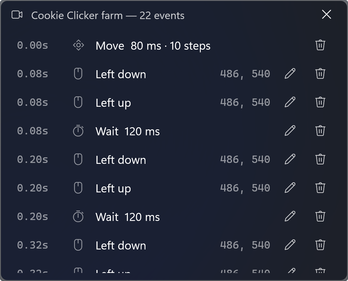 The Events window listing the recorded steps, each row with a pencil to edit it and a button to delete it.