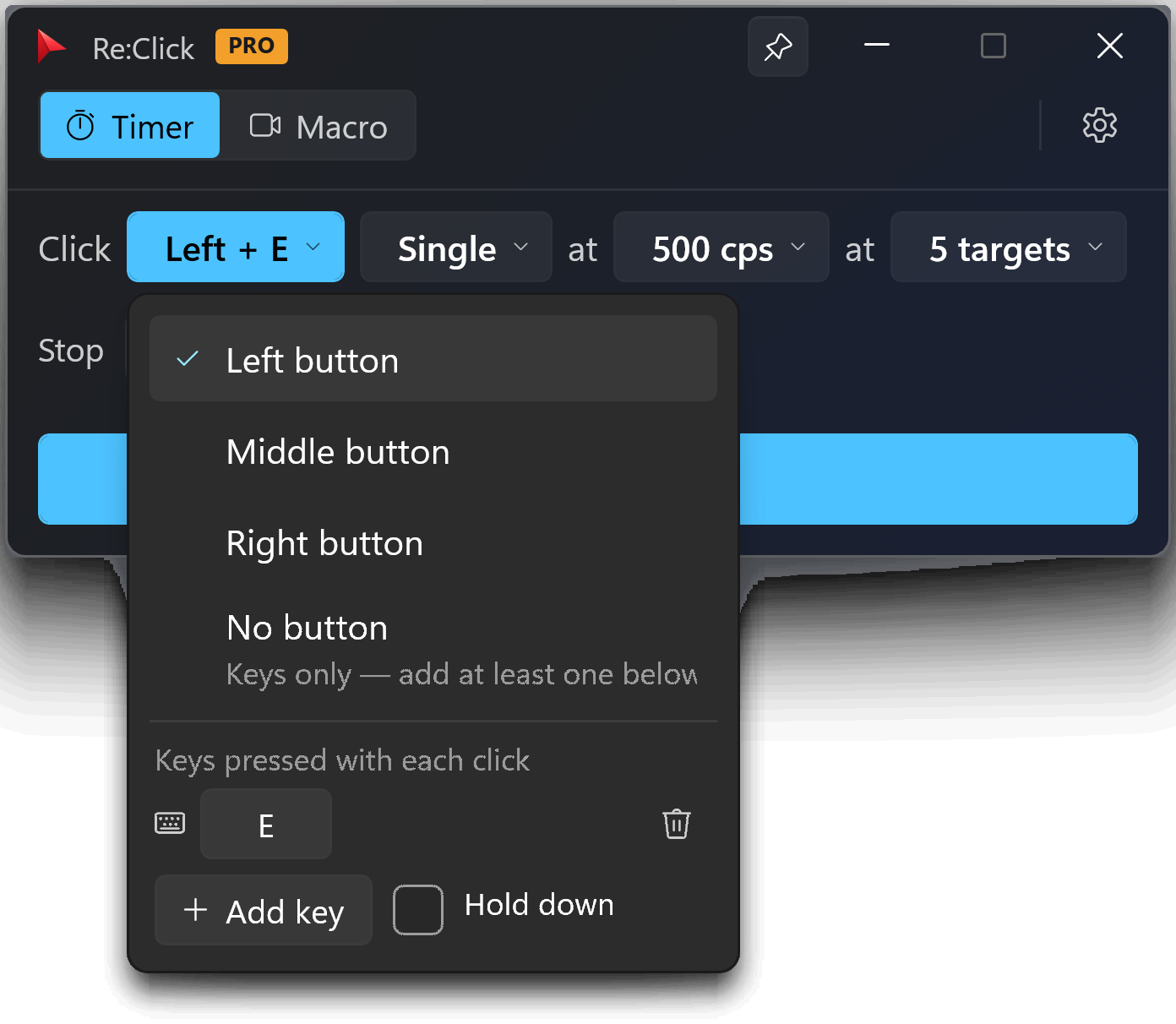 The button editor: left, middle and right mouse buttons, single or double, and a list of keys to press alongside them.