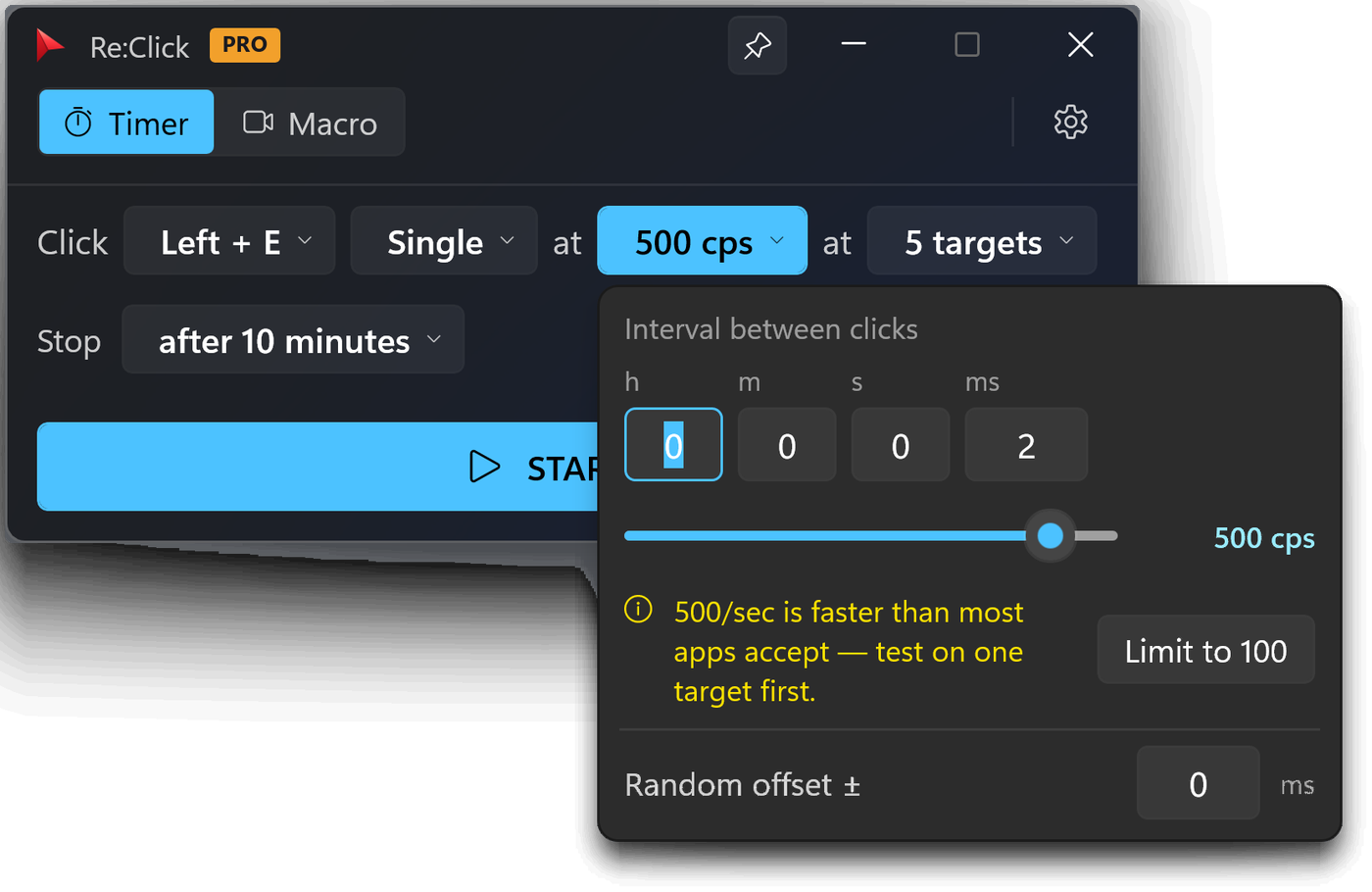 The interval editor open under the sentence: hours, minutes, seconds and milliseconds boxes, a clicks-per-second slider, and a random offset option.
