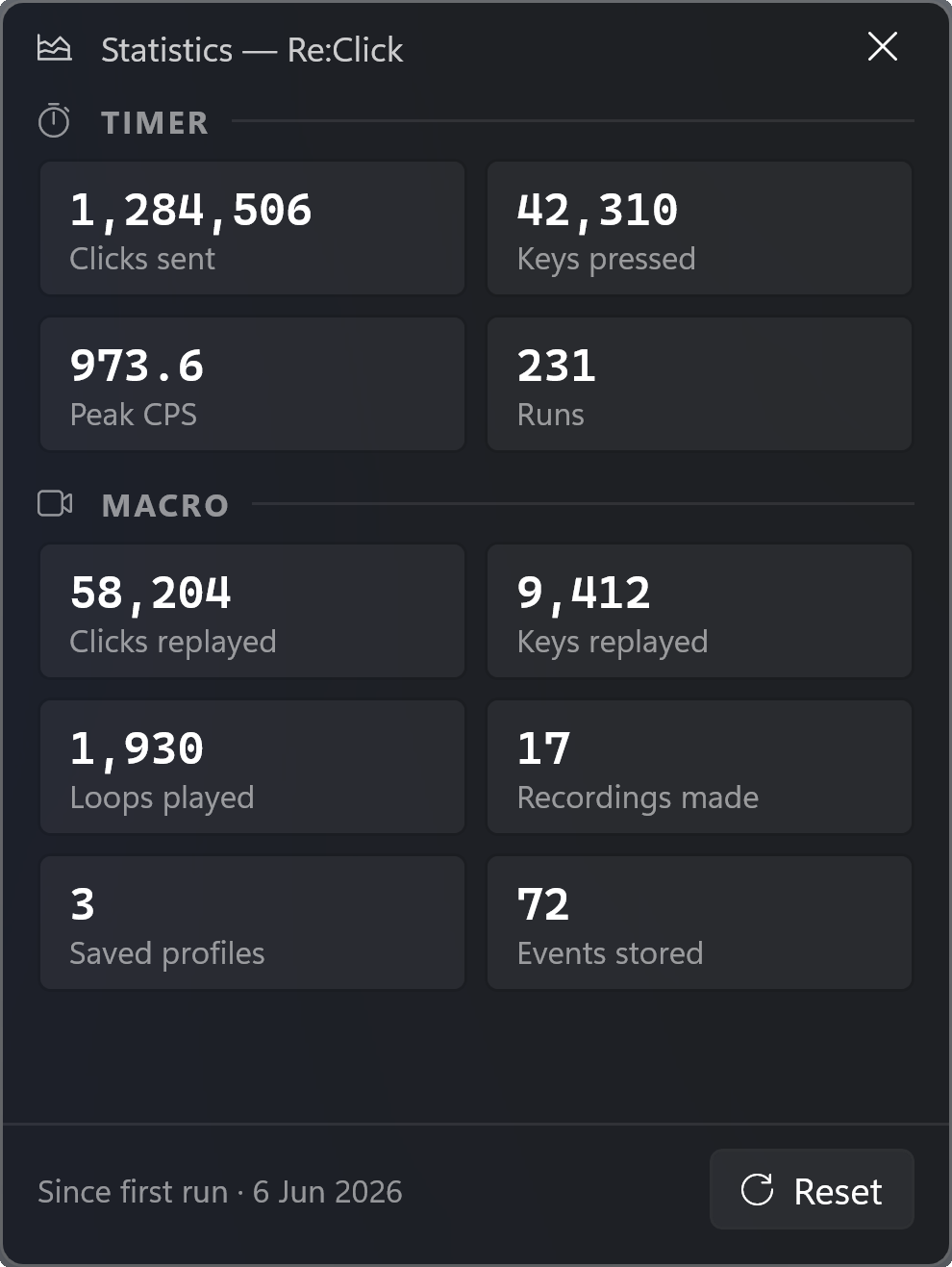 The Statistics window showing lifetime totals for clicks, keys, macros played and running time.