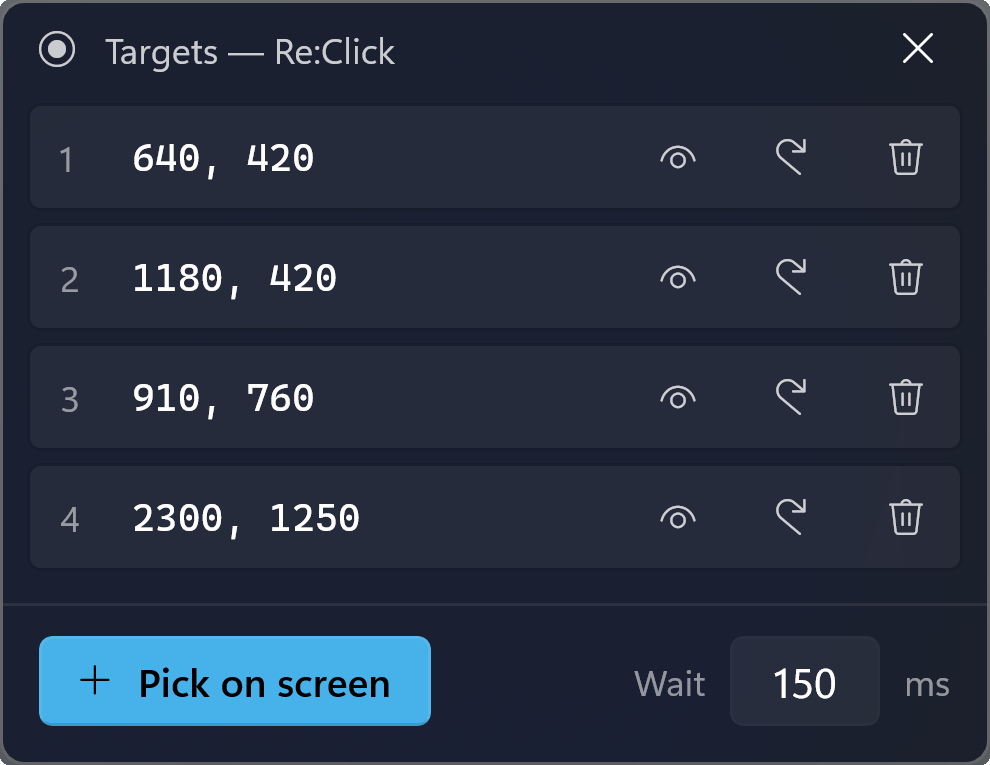The Targets window listing saved click positions with their coordinates, each row editable or removable.