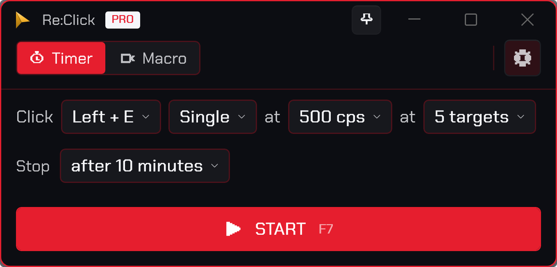 Re:Click in the Gaming theme: near-black surfaces, a red accent and an angular display font.