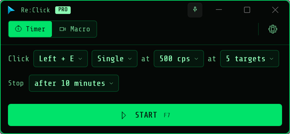 Re:Click in the Hacker theme: phosphor green on black with a monospaced terminal font.