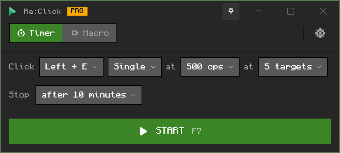 Re:Click in the Minecraft theme: stone grey and grass green, every corner square, with a pixel font and pixel icons.