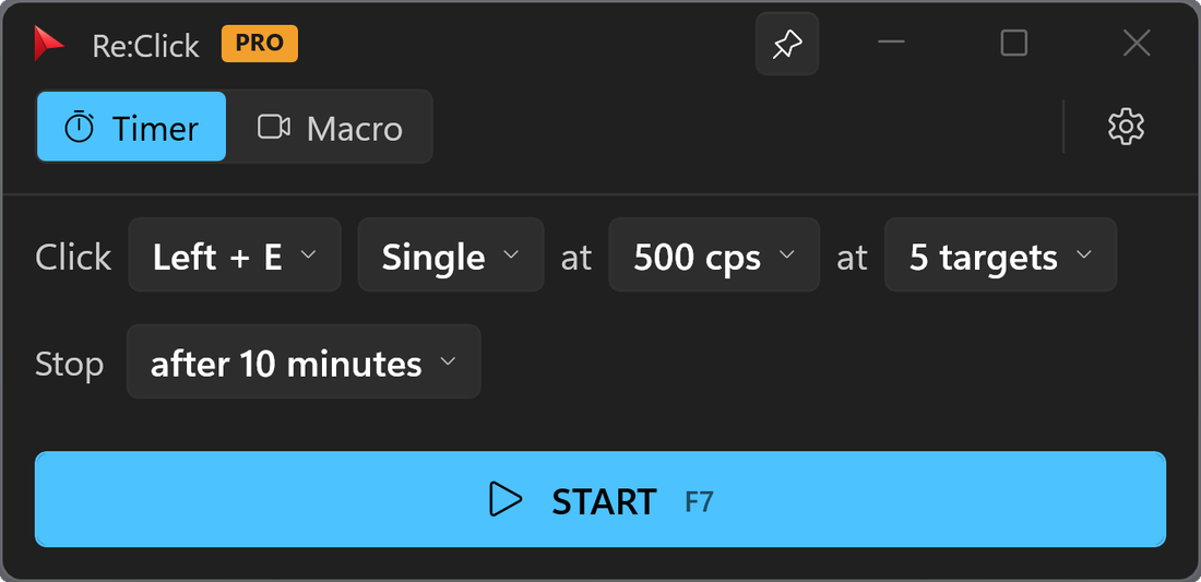 Re:Click in the Windows 11 theme: dark grey surfaces with the system blue accent.